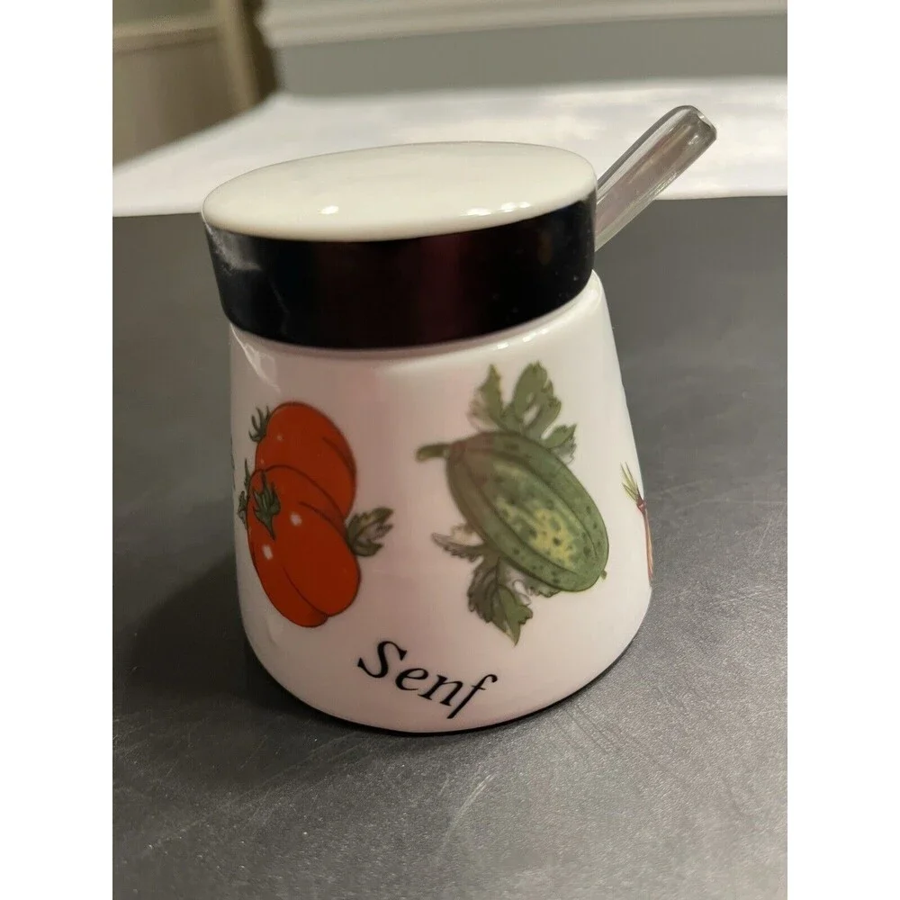 Gerold Porzellan Bavaria Mushroom Veggie Motif Condiment Jar w Lid & Spoon